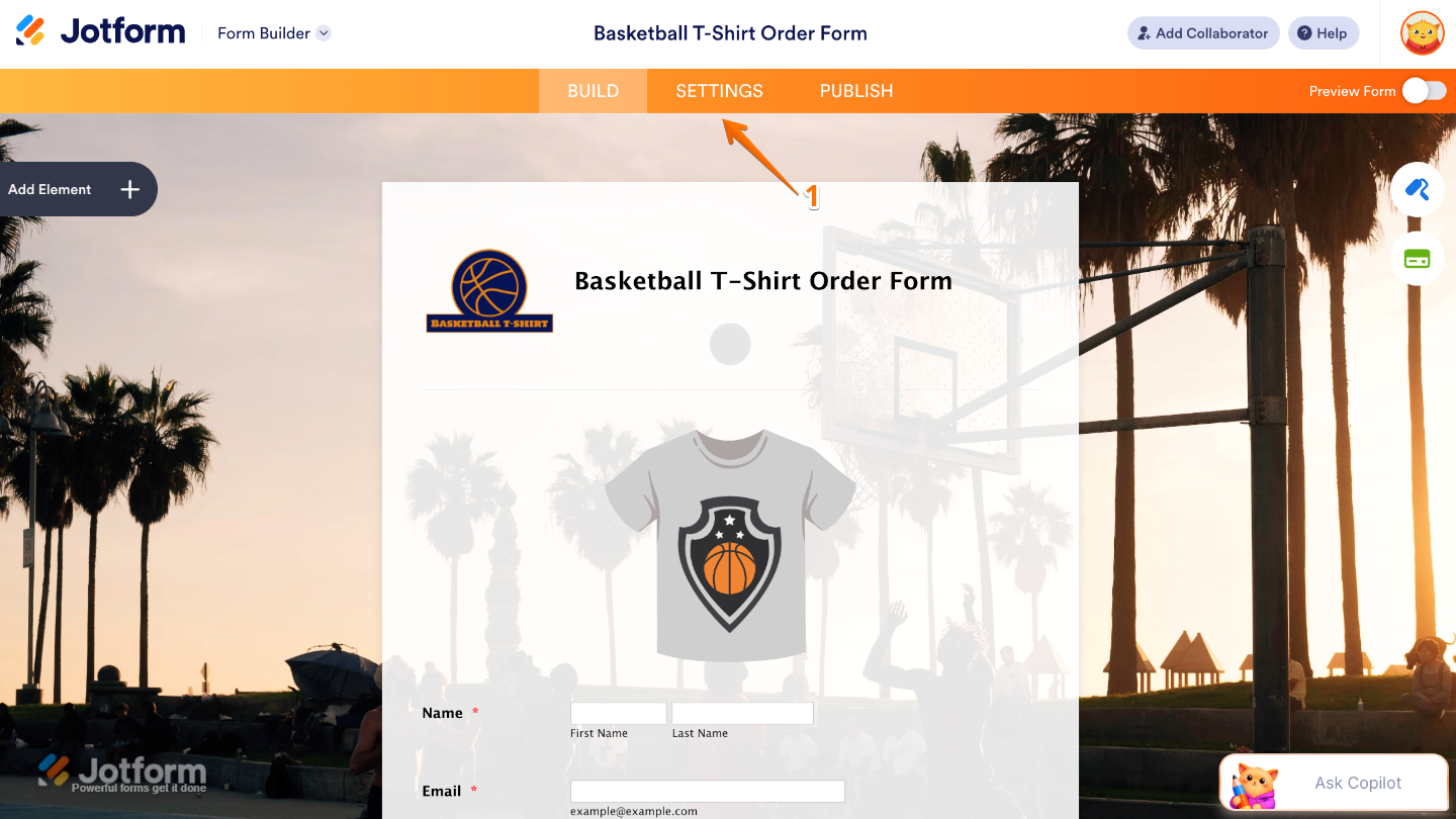 Form Builder showing the Settings button in the top navigation bar