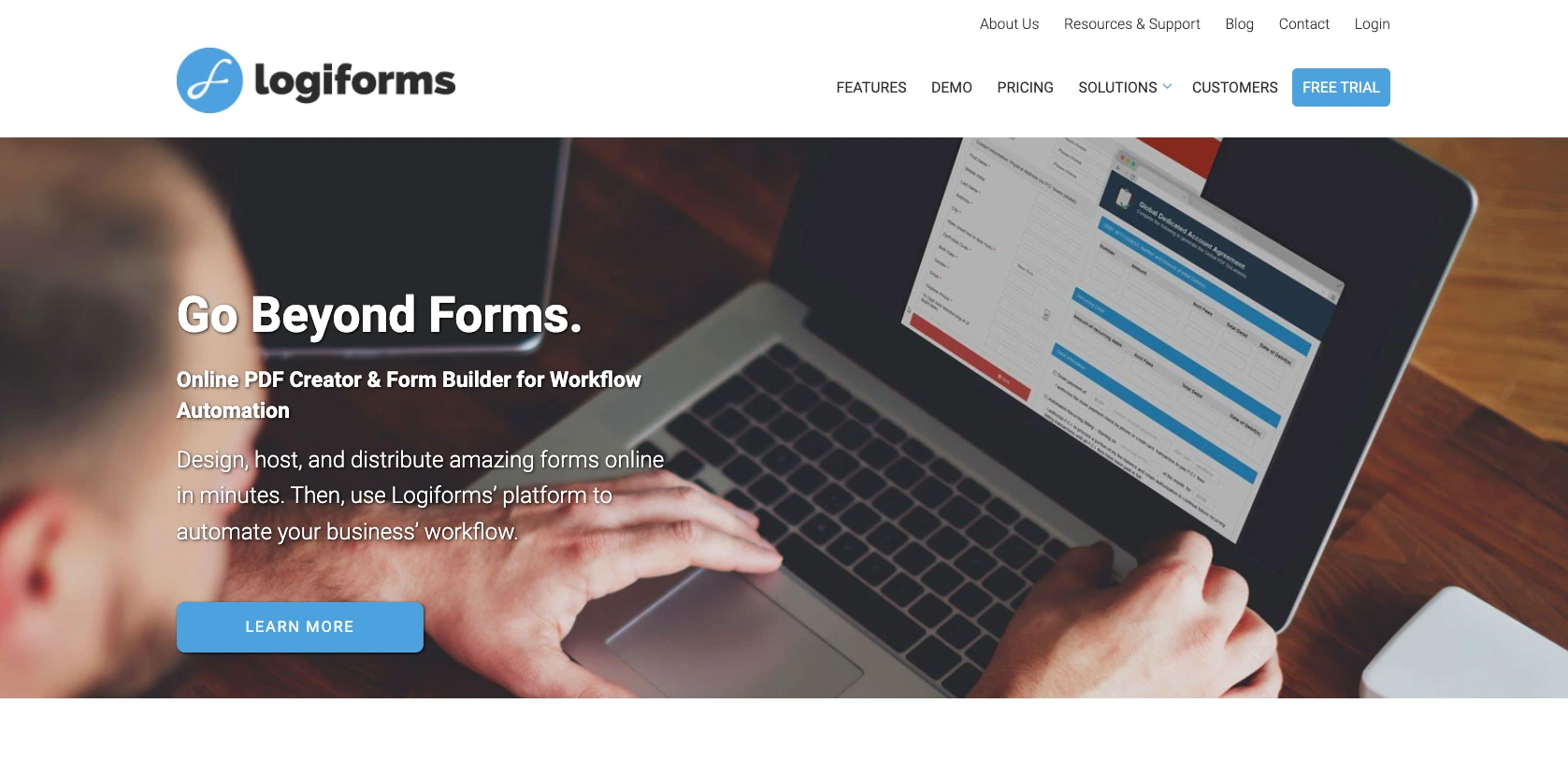 Logiforms homepage presenting online form building and workflow automation features
