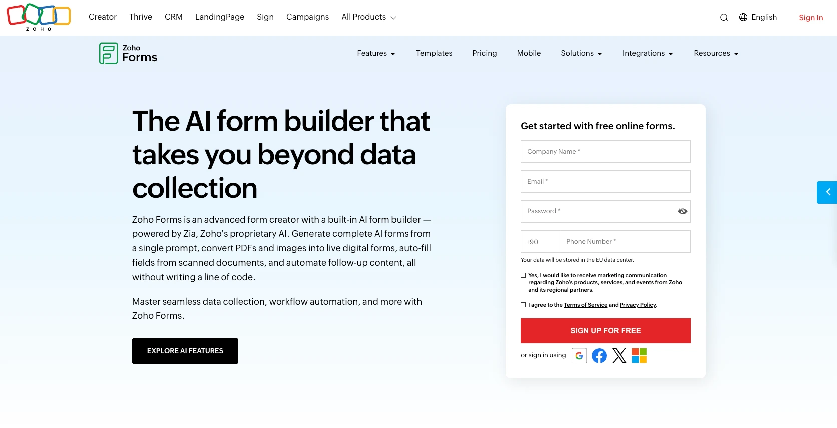 Zoho Forms homepage highlighting AI-powered form creation and data collection