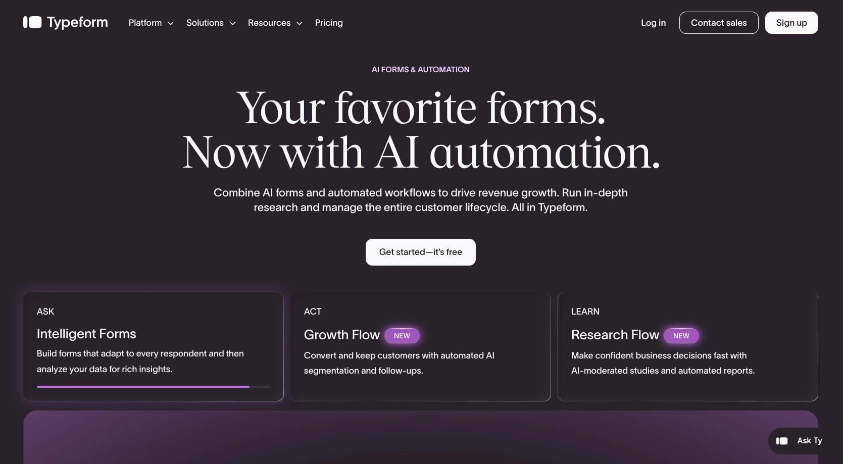 Typeform homepage promoting conversational forms with AI-powered automation features