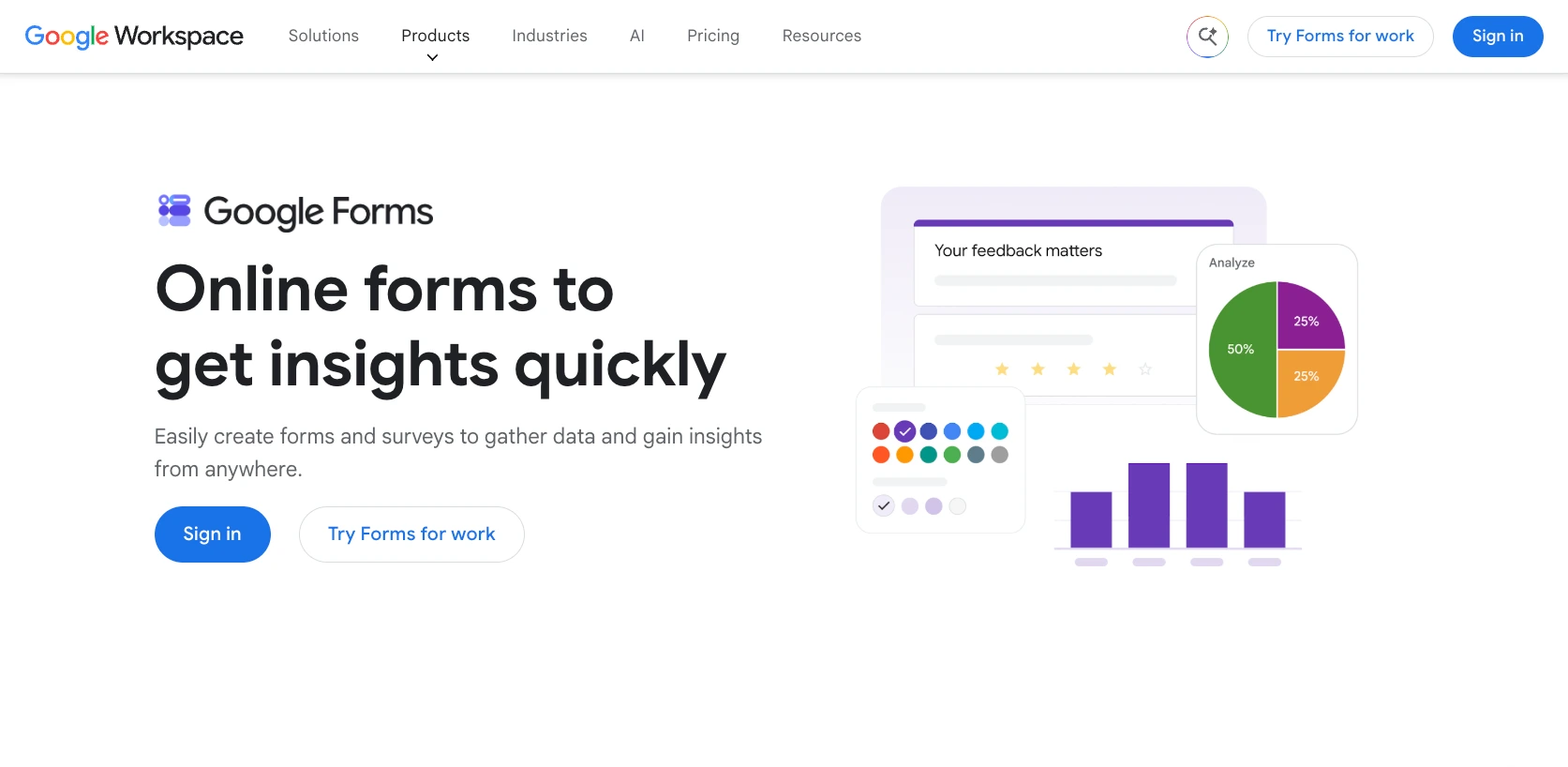 Google Forms homepage highlighting online forms, surveys, and response insights