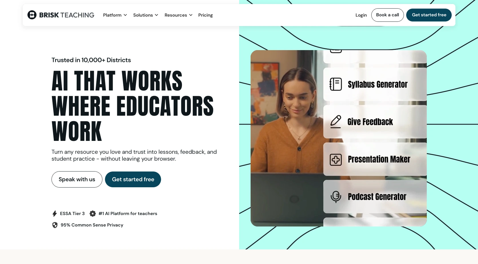 Brisk Teaching homepage highlighting AI tools for teachers and classroom workflows