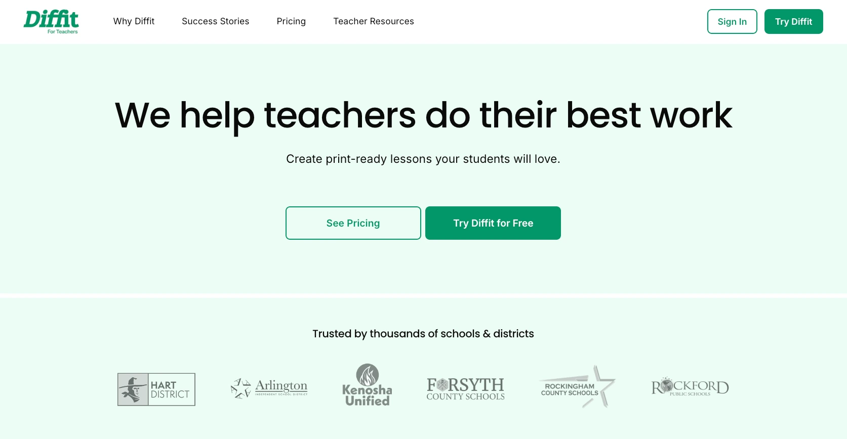 Diffit homepage promoting print-ready lesson materials for teachers and schools