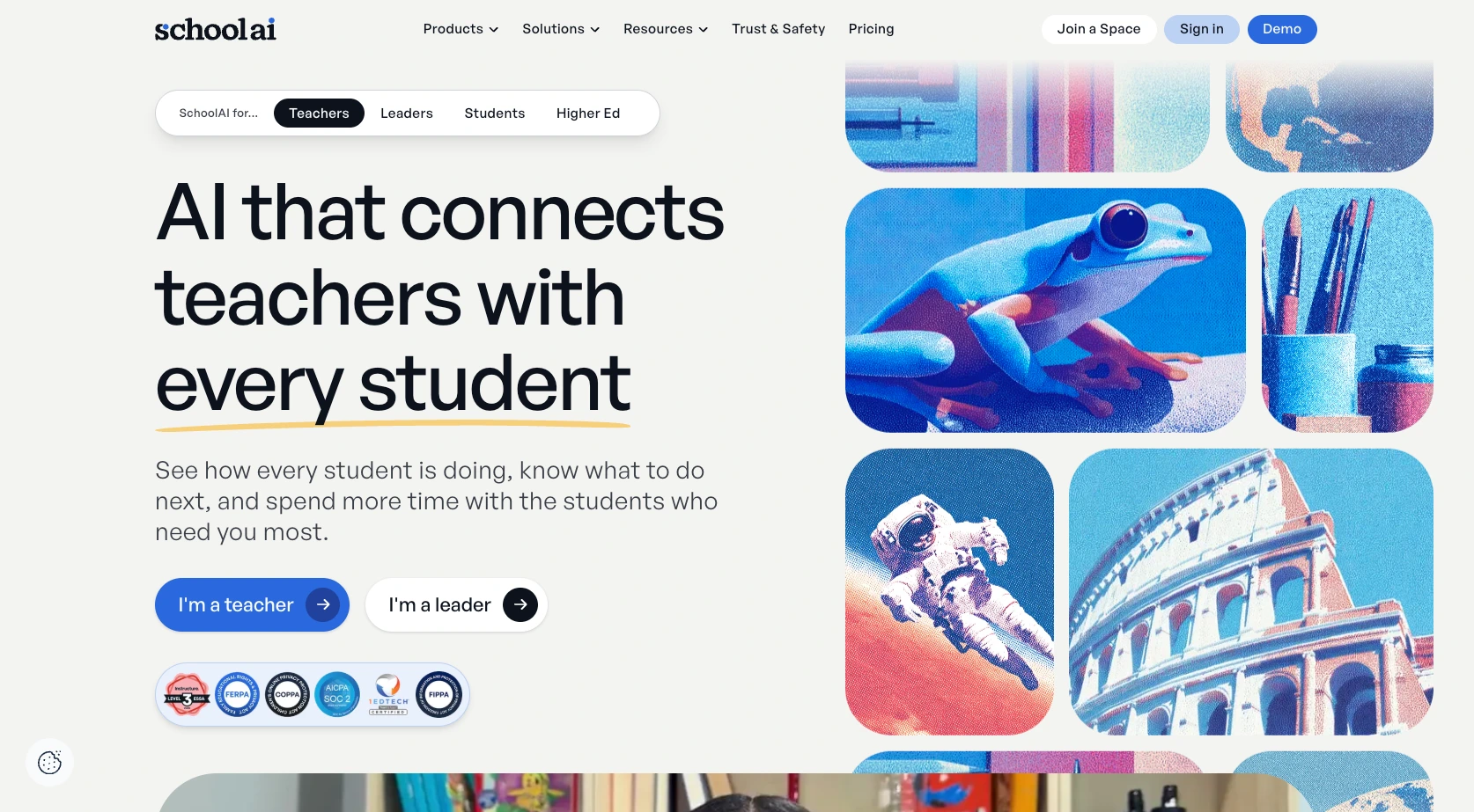 SchoolAI homepage presenting AI tools connecting teachers with individual students