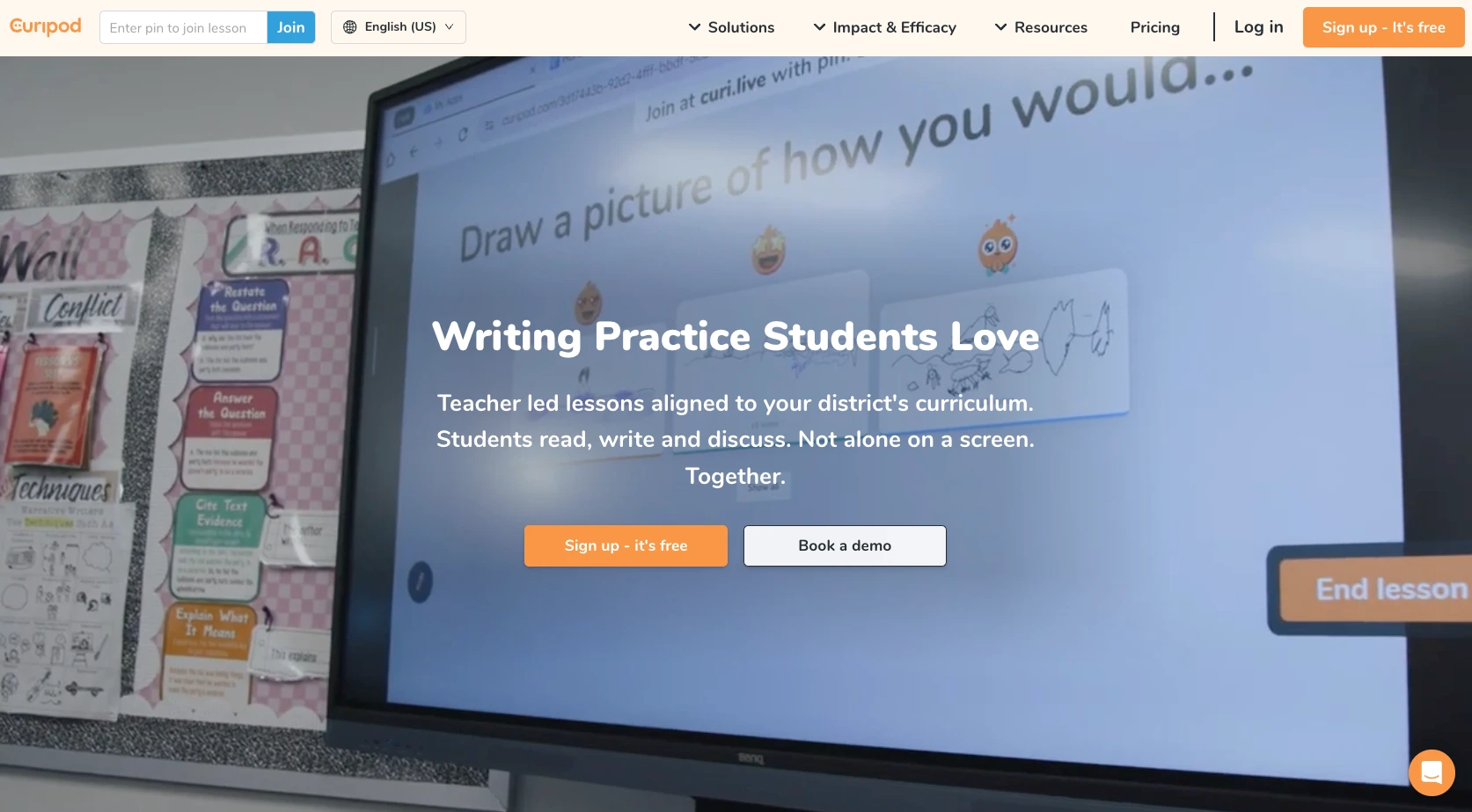 Curipod homepage promoting interactive teacher-led lessons and student participation