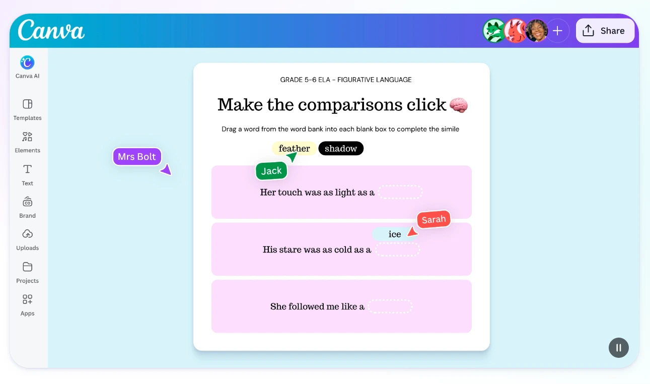 Canva for Education workspace showing a collaborative figurative language classroom activity