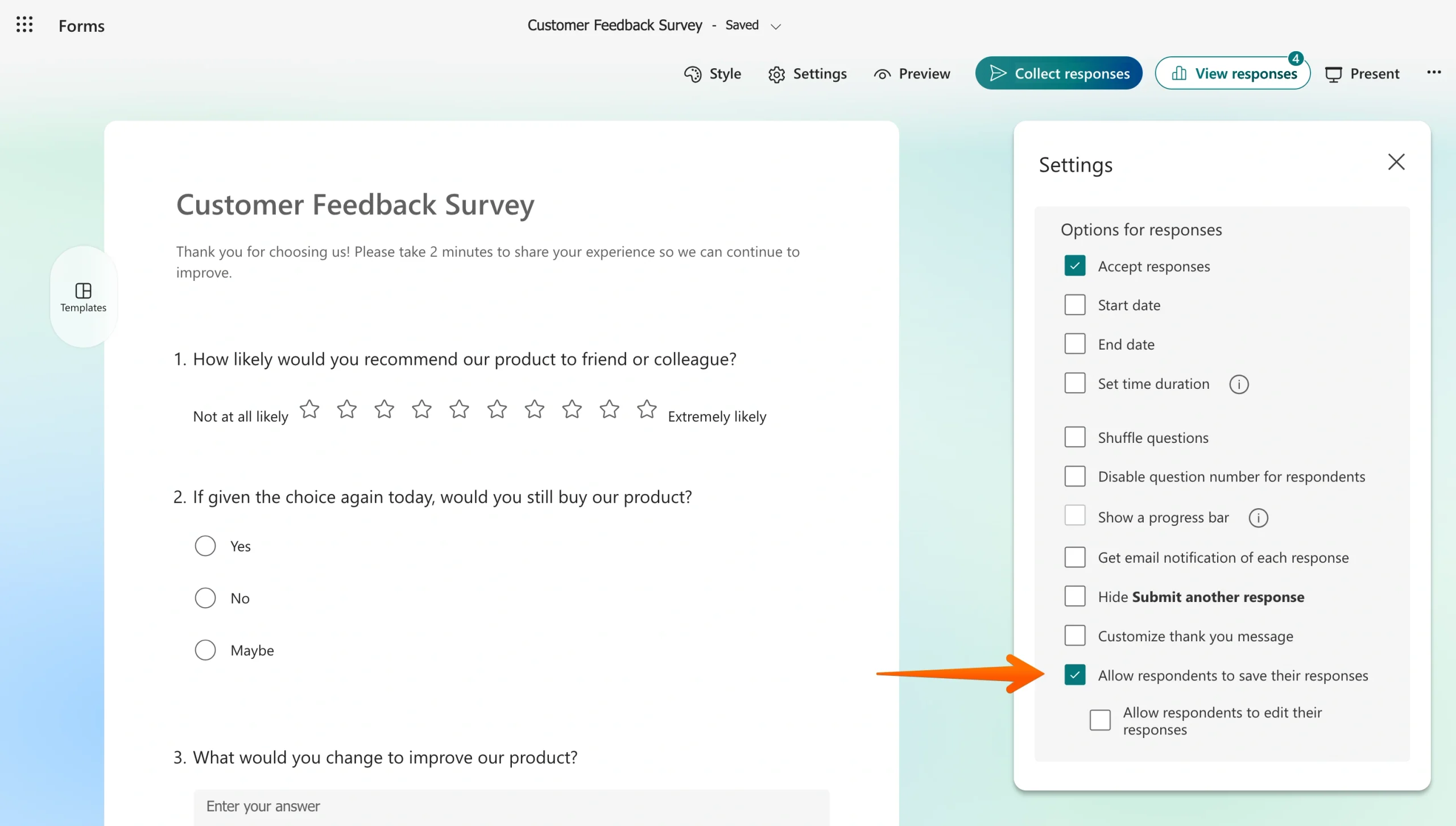 Microsoft Forms settings panel highlighting the Allow respondents to save their responses option