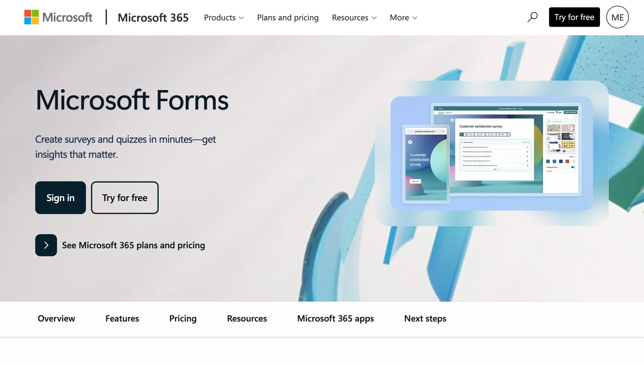 Screenshot of the Microsoft Forms landing page