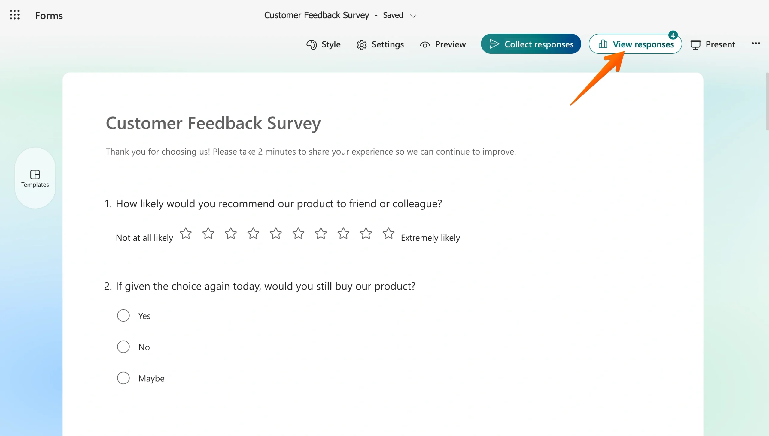Microsoft Forms survey editor highlighting the View responses button
