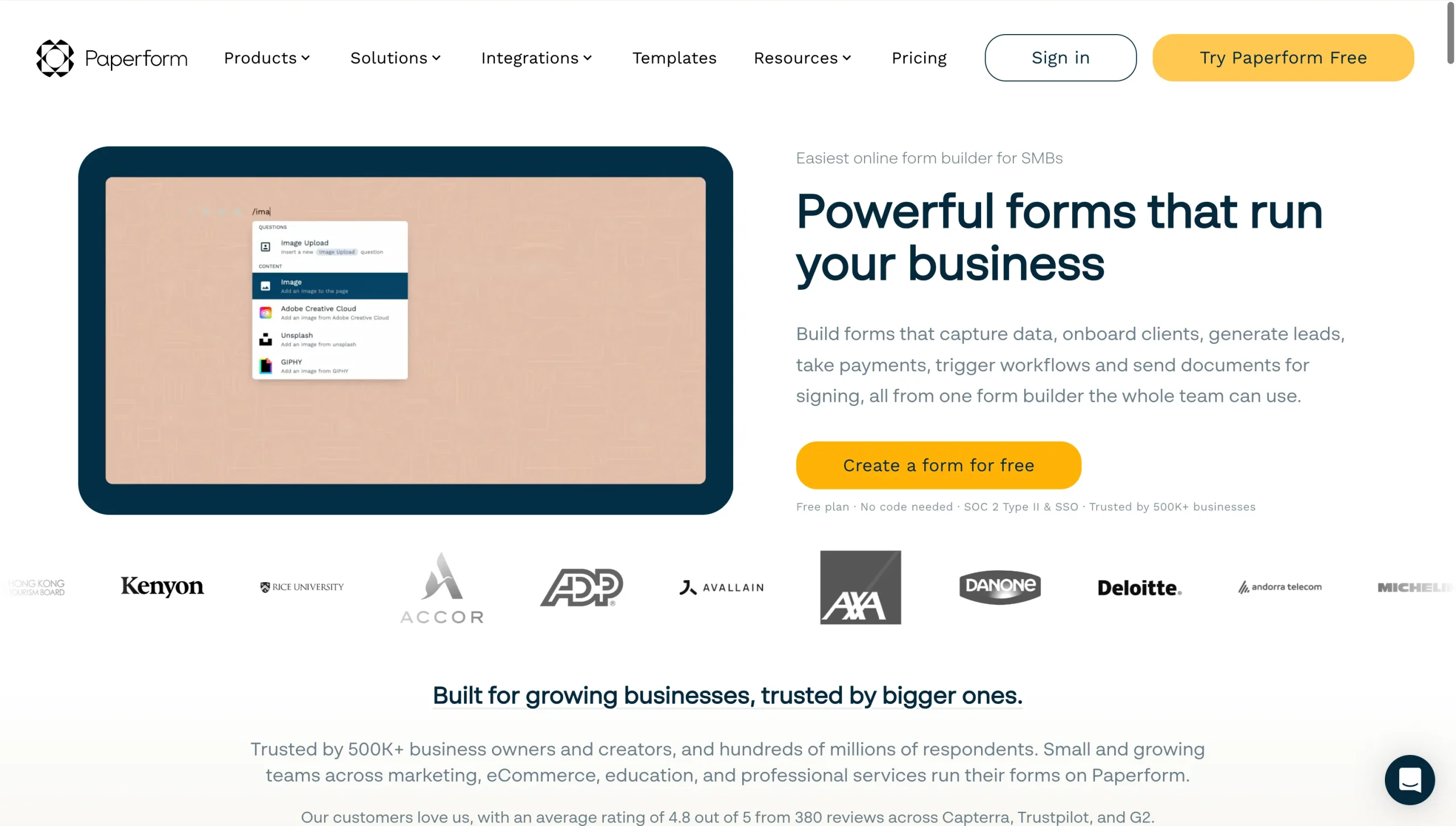 Screenshot of the Paperform landing page, showing a headline "Powerful forms that run your business"