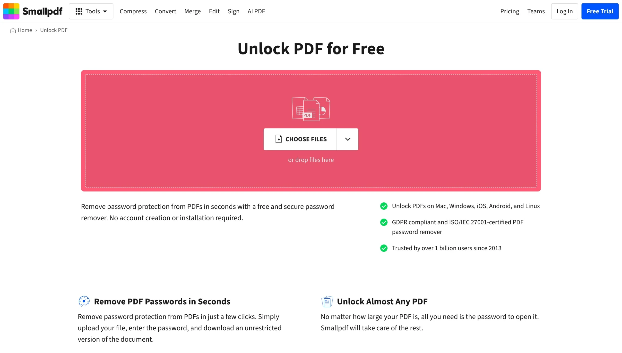 Smallpdf Unlock PDF page with file upload area for removing password protection