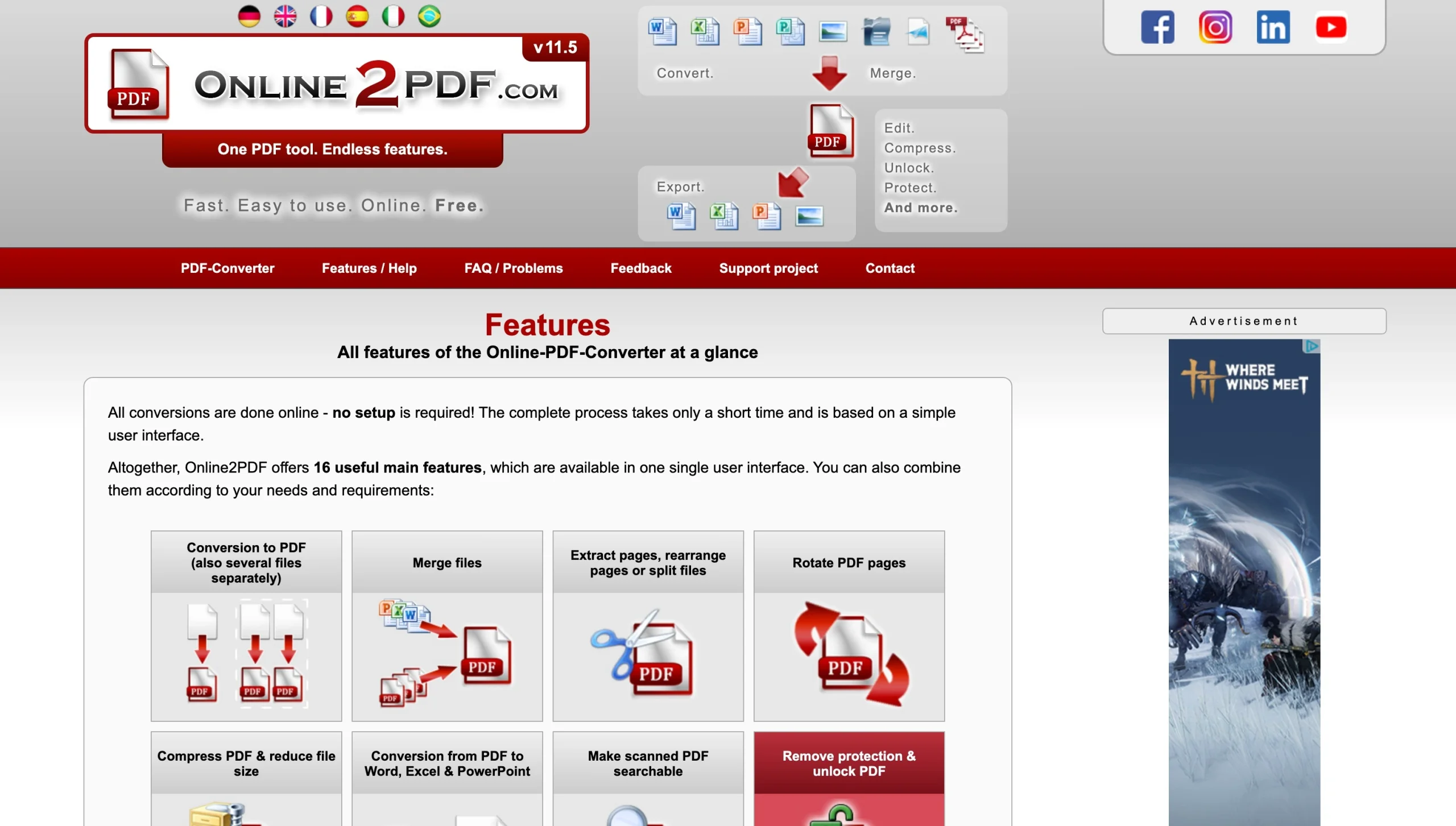 Online2PDF features page showing tools for converting, editing, and unlocking PDFs