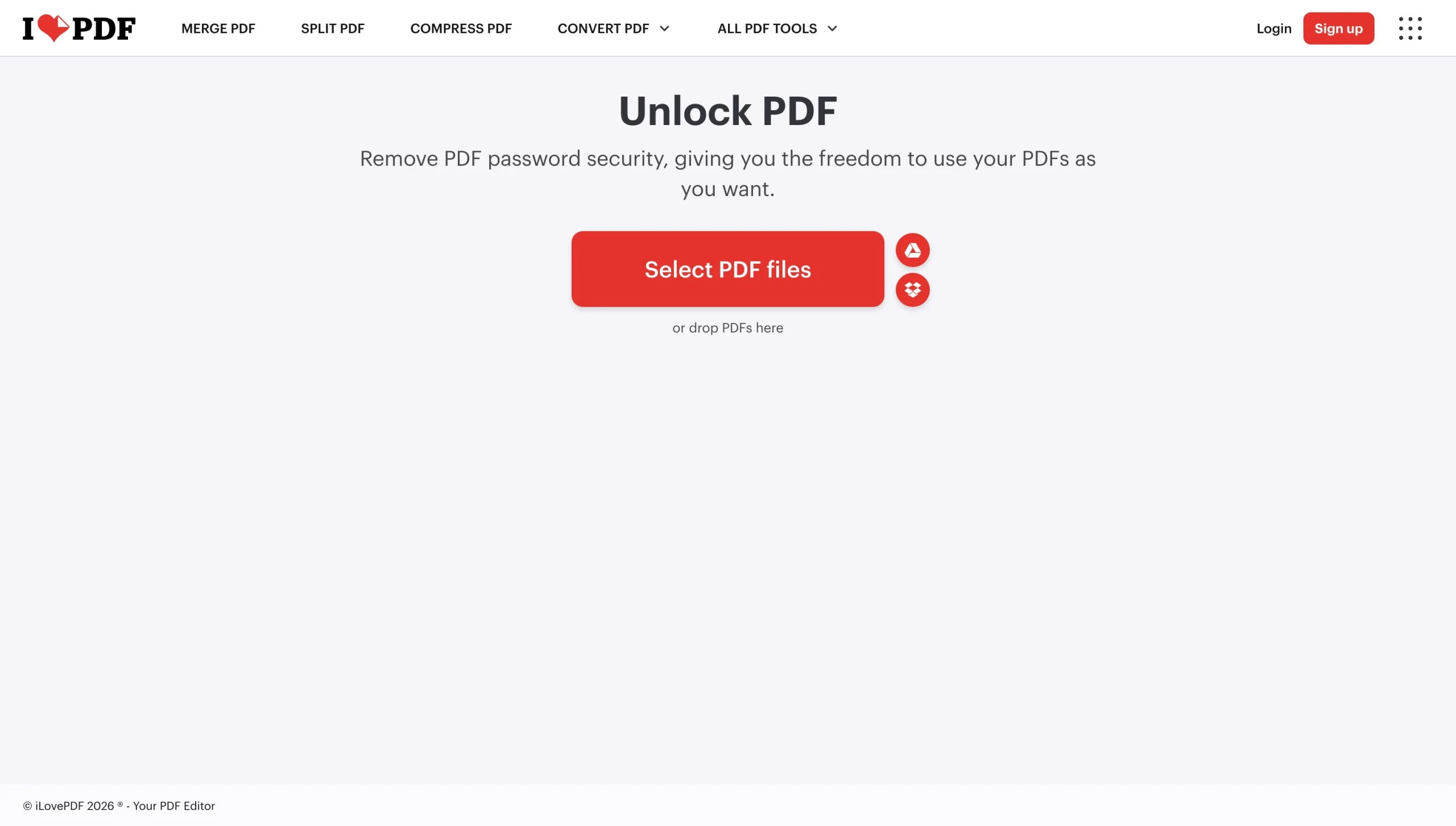 iLovePDF Unlock PDF page with file selection button for removing security