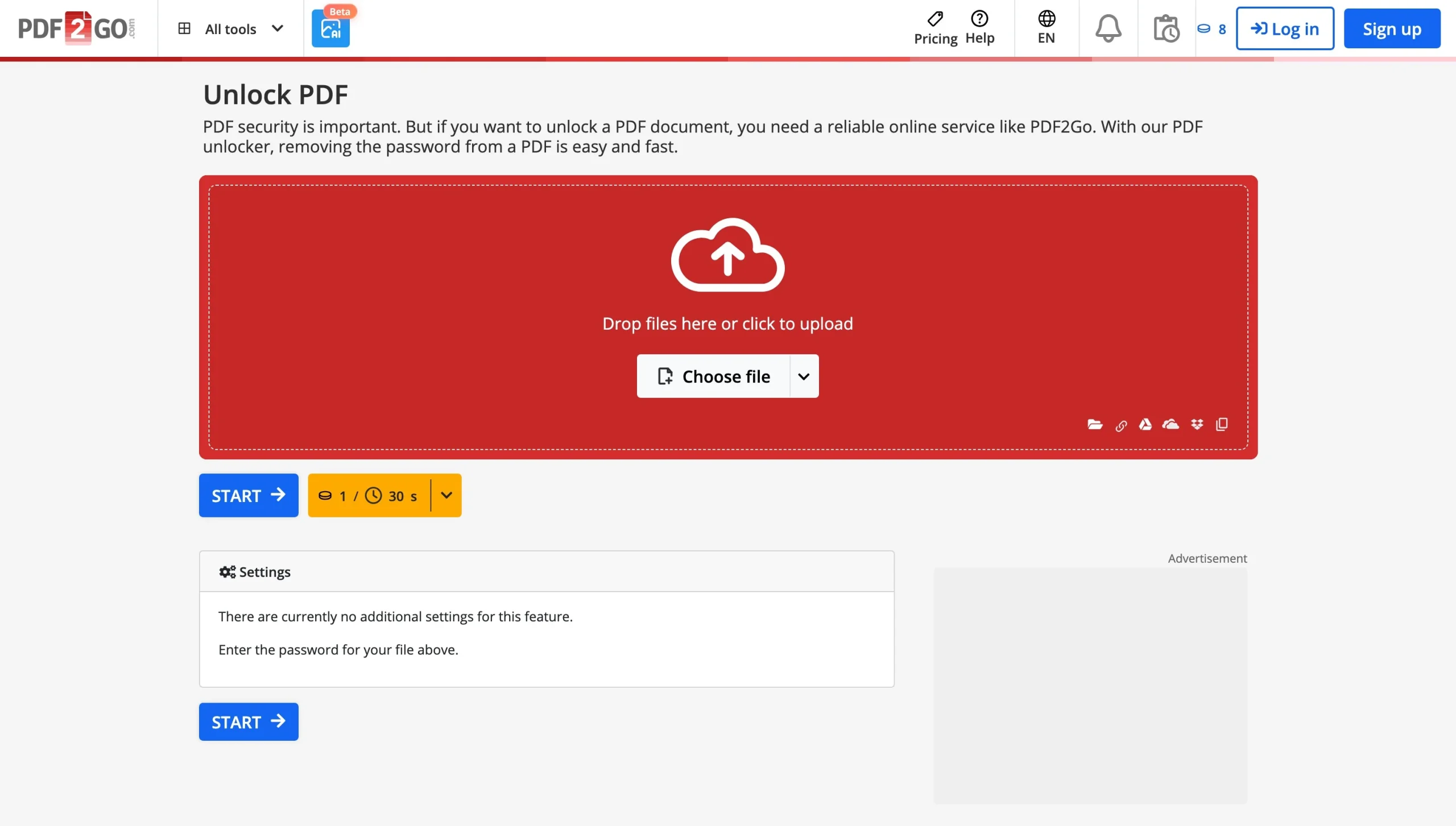 PDF2Go Unlock PDF page with upload area and password removal settings