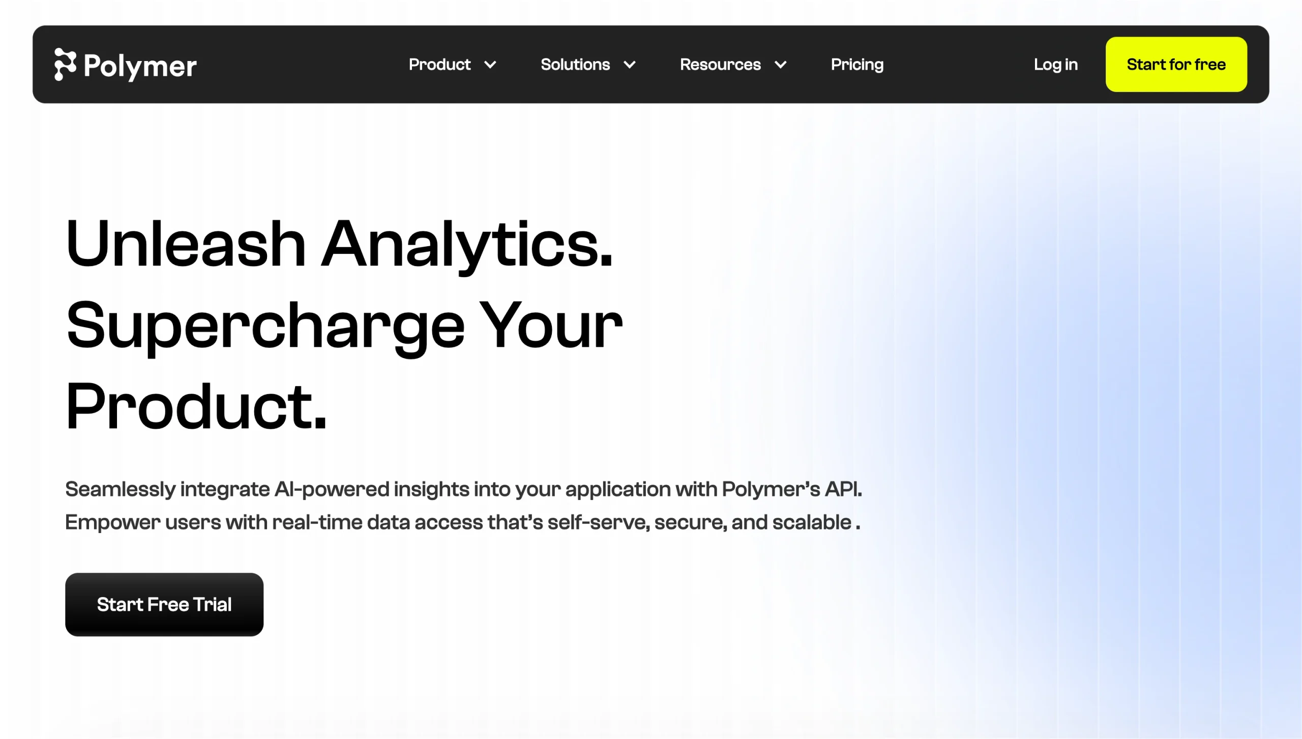 Screenshot of the Polymer landing page, showing a headline "Unleash Analytics