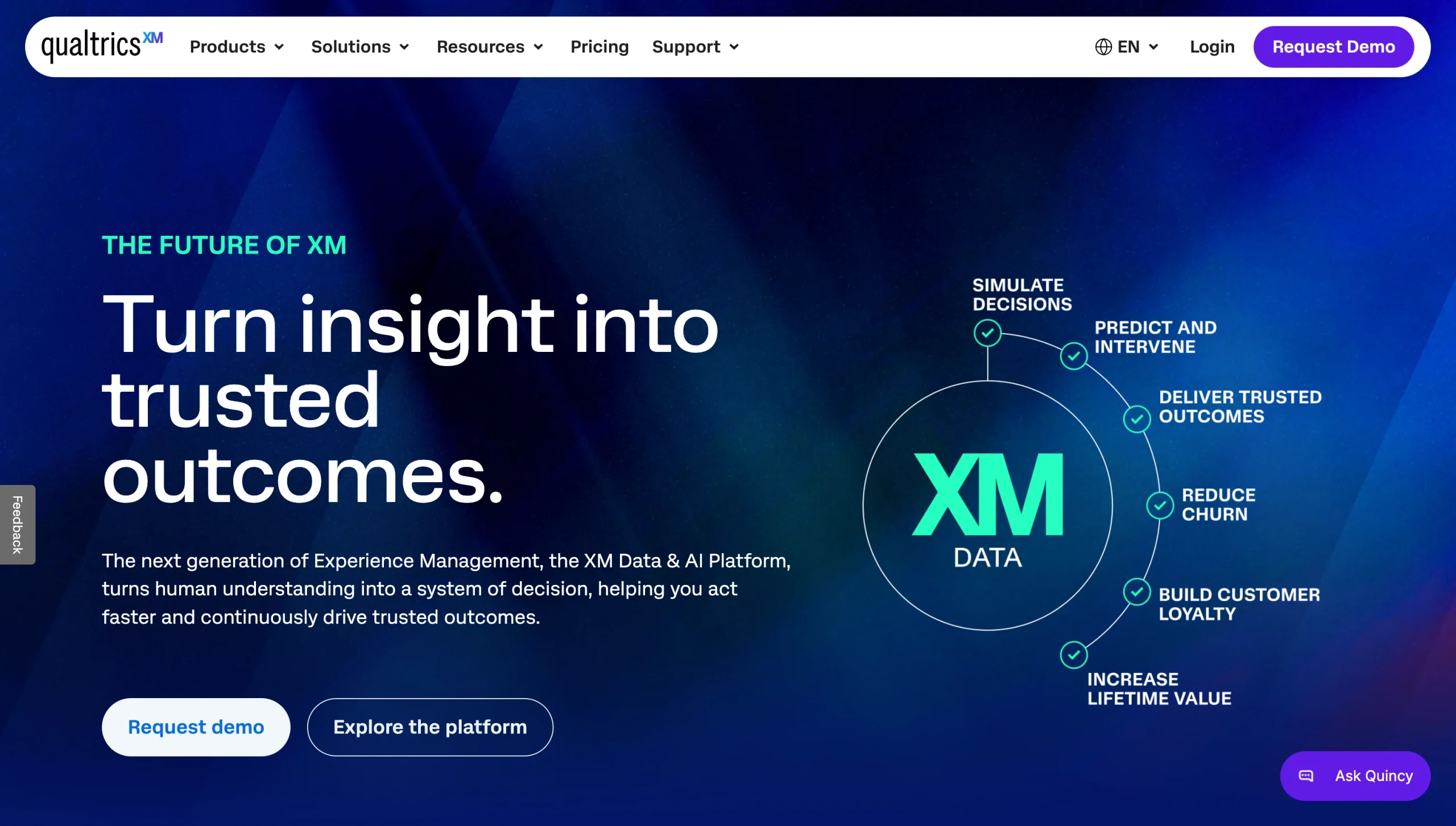 경험 관리 인사이트 및 신뢰할 수 있는 결과를 강조하는 Qualtrics XM 랜딩 페이지