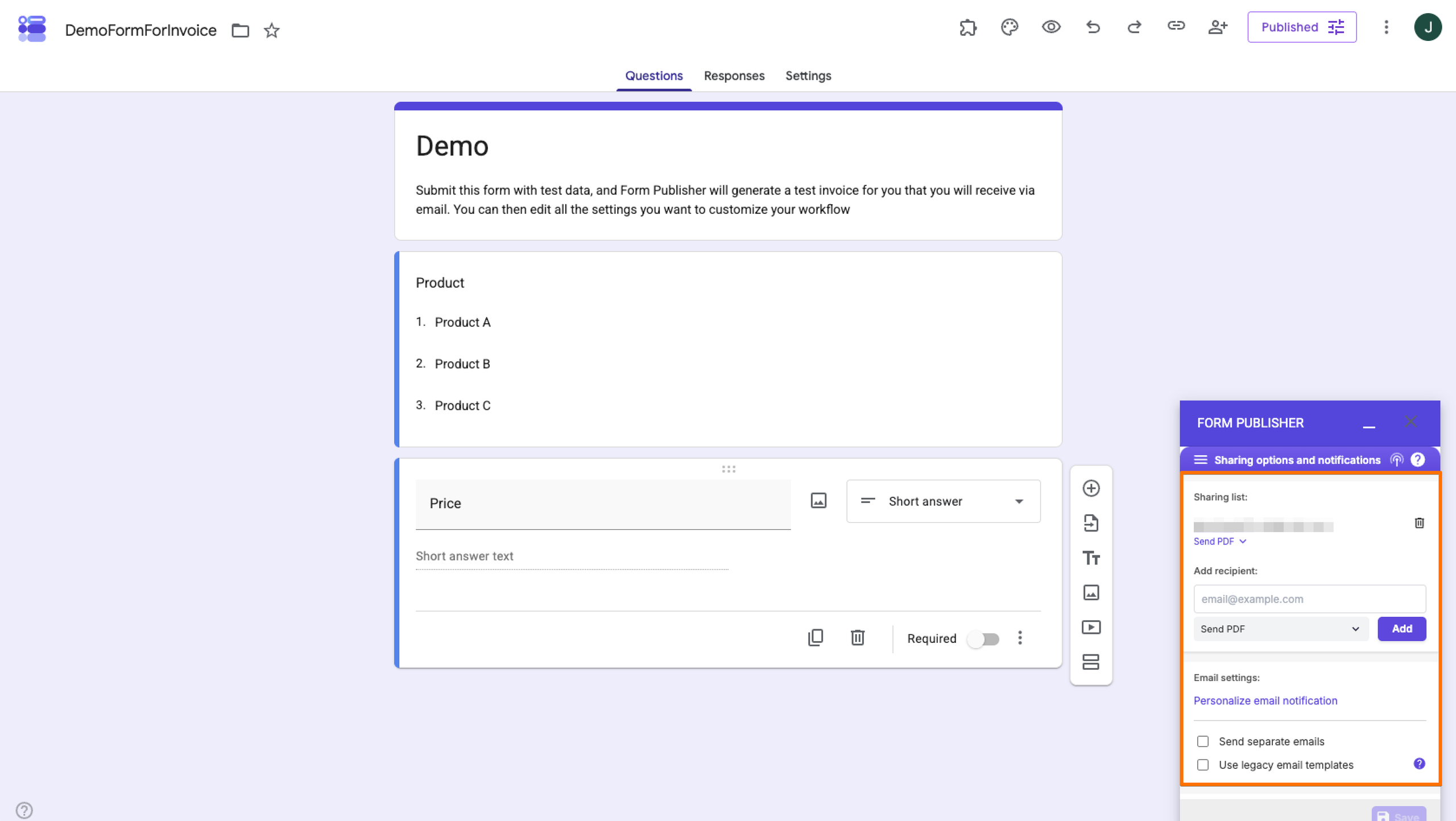 Demo Form Form Publisher Add-on Sharing options and notifications menu Settings