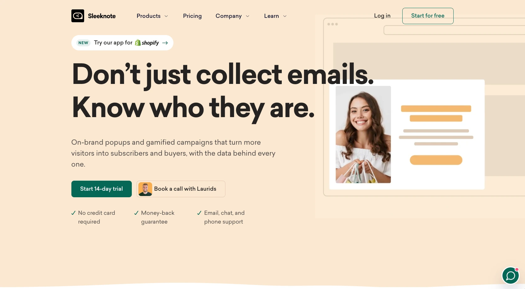 Sleeknote website with the words: "Don't just collect emails