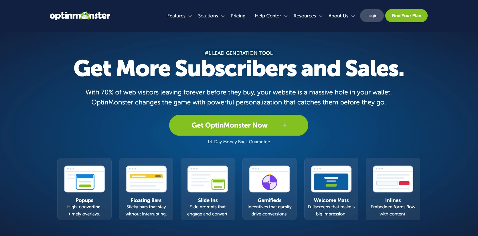 Sleeknote alternative OptinMonster's website with the words: "Get More Subscribers and Sales"