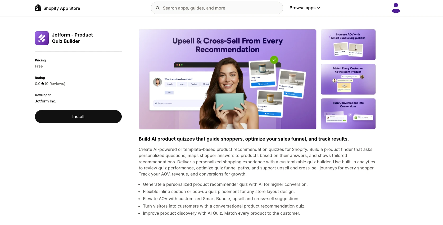 Sleeknote alternative Jotform's Shopify App Store listing with the words: "Build AI product quizzes that guide shoppers, optimize your sales funnel, and track results"