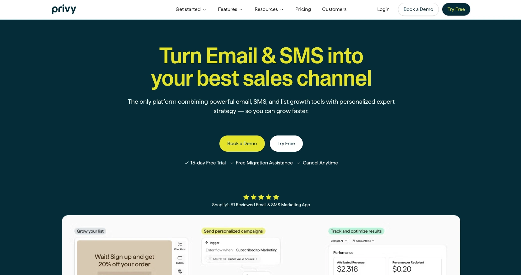 Sleeknote alternative Privy's website with the words: "Turn Email & SMS into your best sales channel"