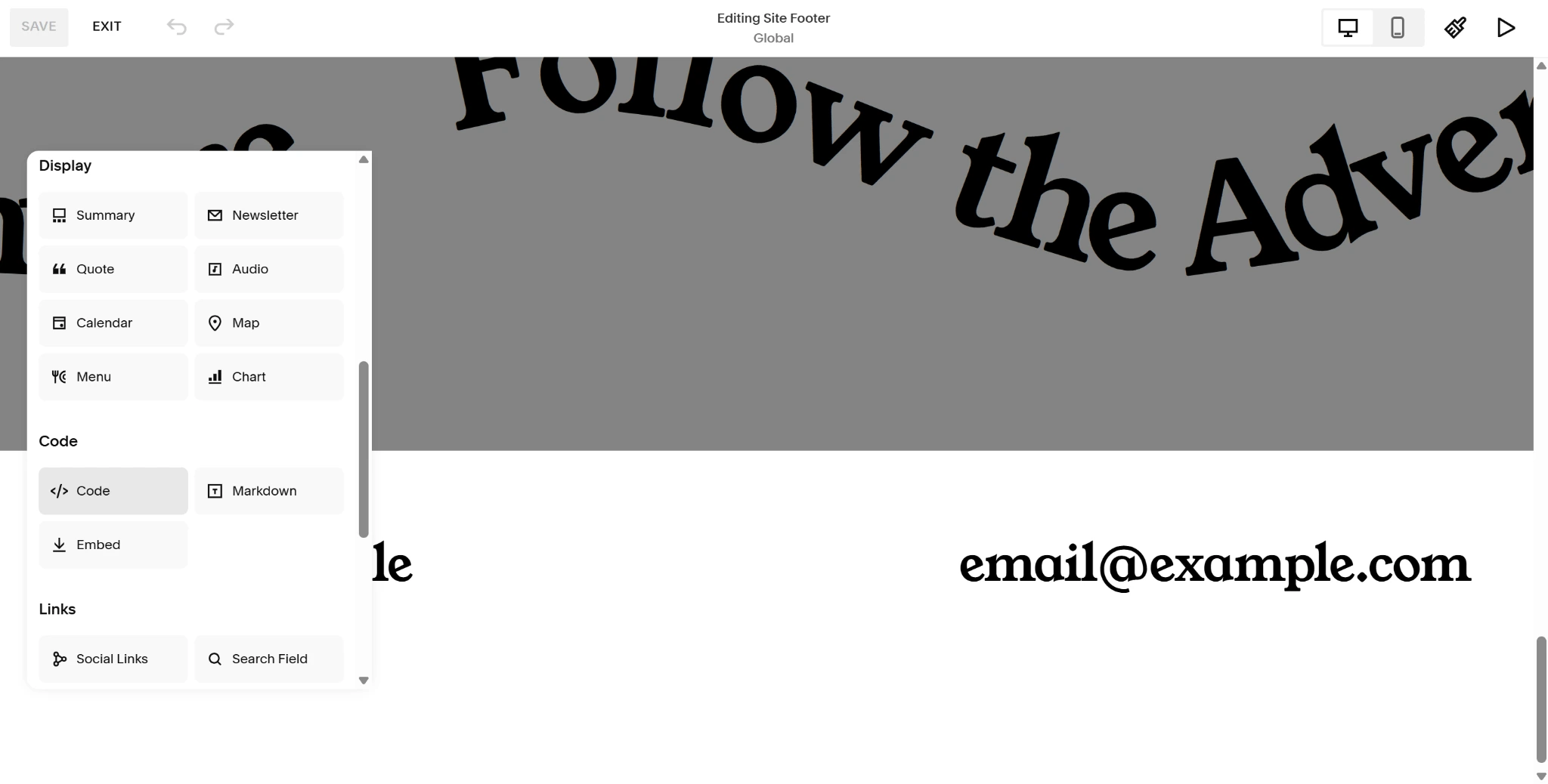 Screenshot of a Squarespace homepage with the code block option highlighted