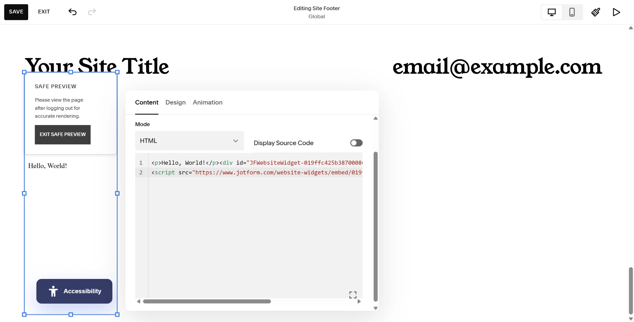 Screenshot of a Squarespace homepage with embedded code in the code block and an accessibility widget in the corner