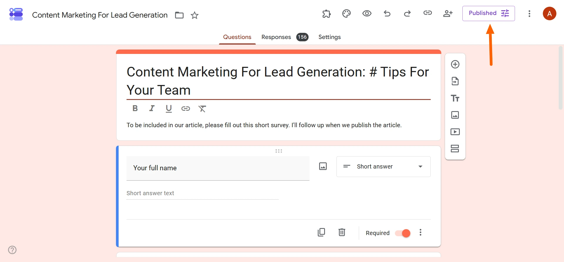 Google Forms editor with Published button highlighted at the top right