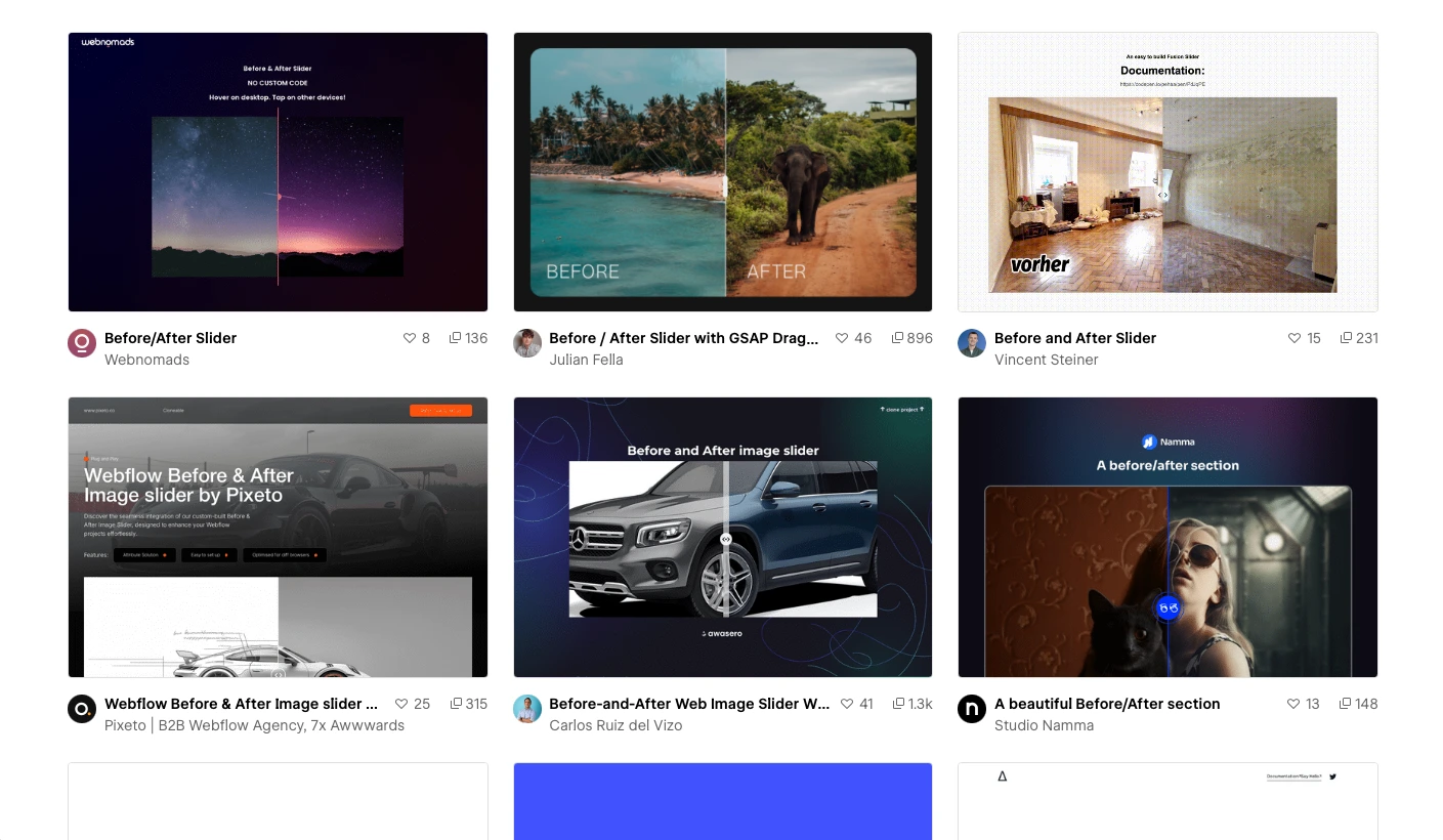Before-and-after sliders in the Made in Webflow showcase