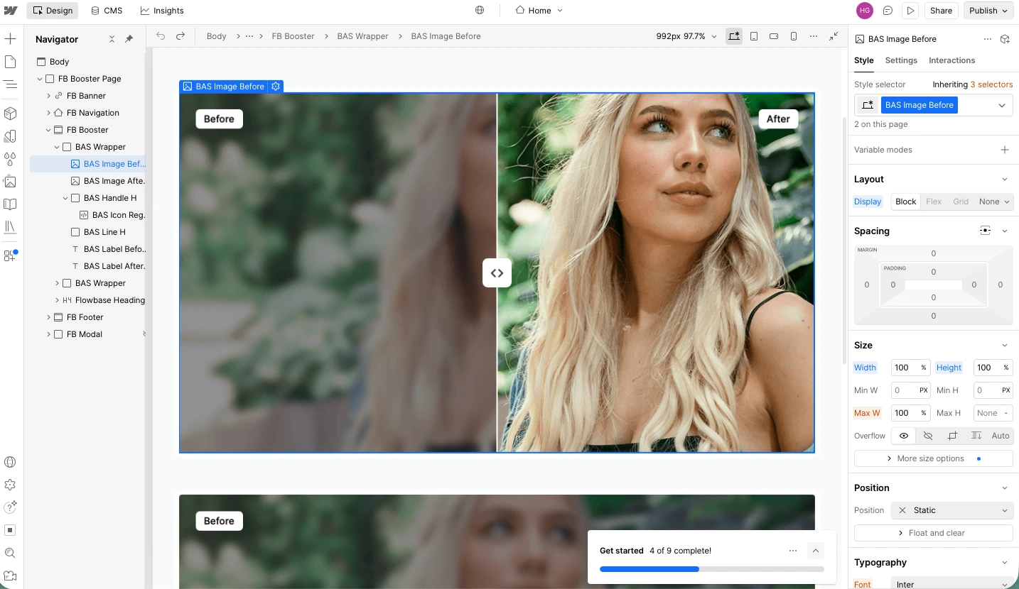 A before-and-after slider cloneable added to a new Webflow page
