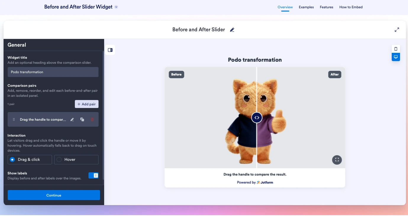 Jotform's Before and After Slider Widget showing a preview and the General settings