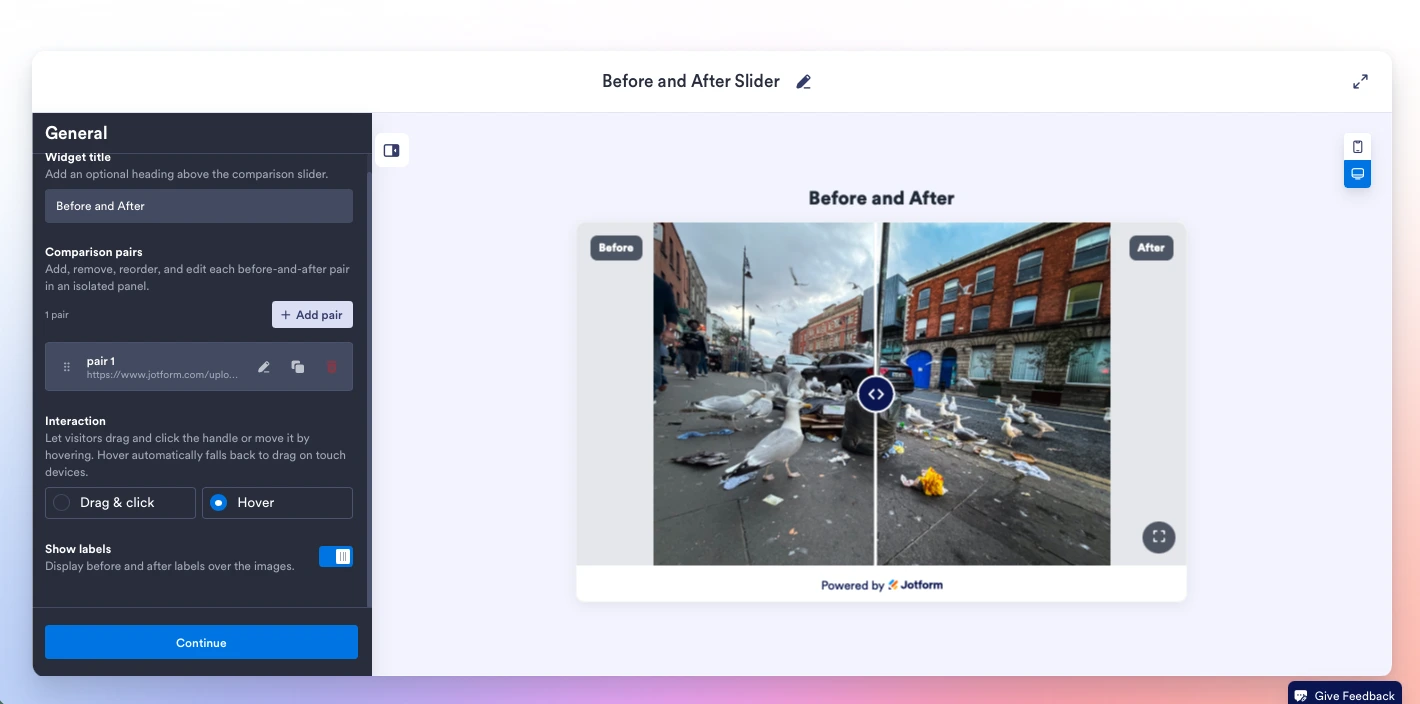 Jotform's Before and After Slider Widget showing a custom name and image