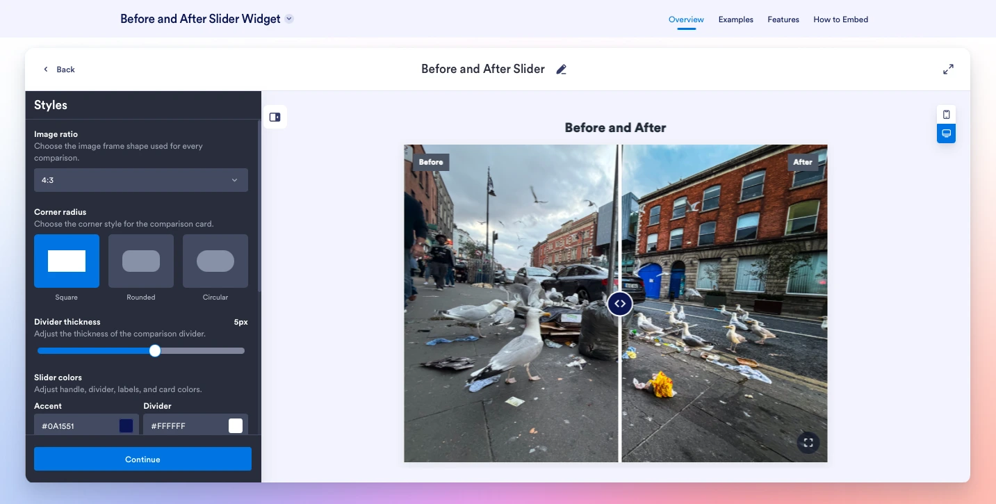 Jotform's Before and After Slider Widget showing the Styles settings