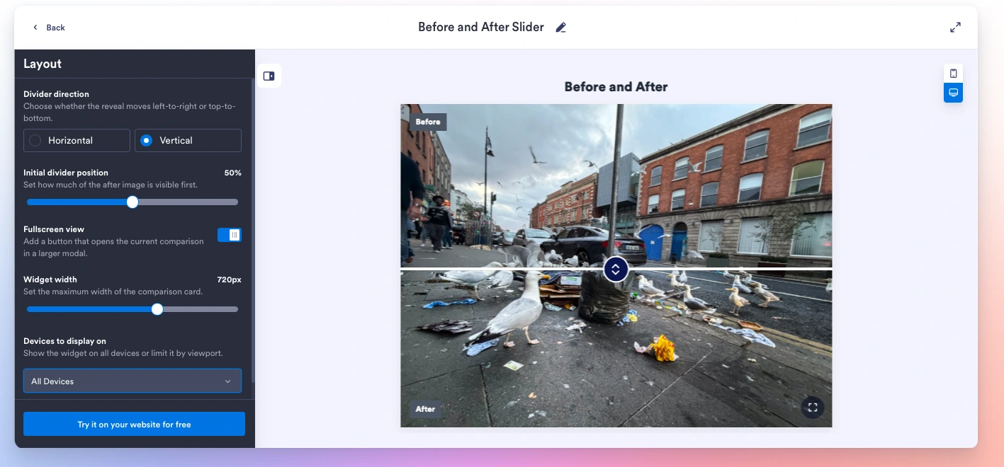 Jotform's Before and After Slider Widget showing the Layout settings
