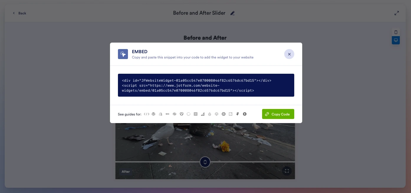 Jotform's Before and After Slider Widget showing the Embed screen and the Copy Code button