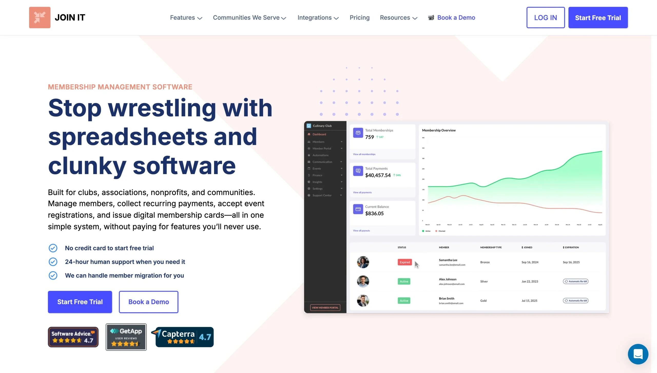 Join It homepage featuring membership management software and a member dashboard preview