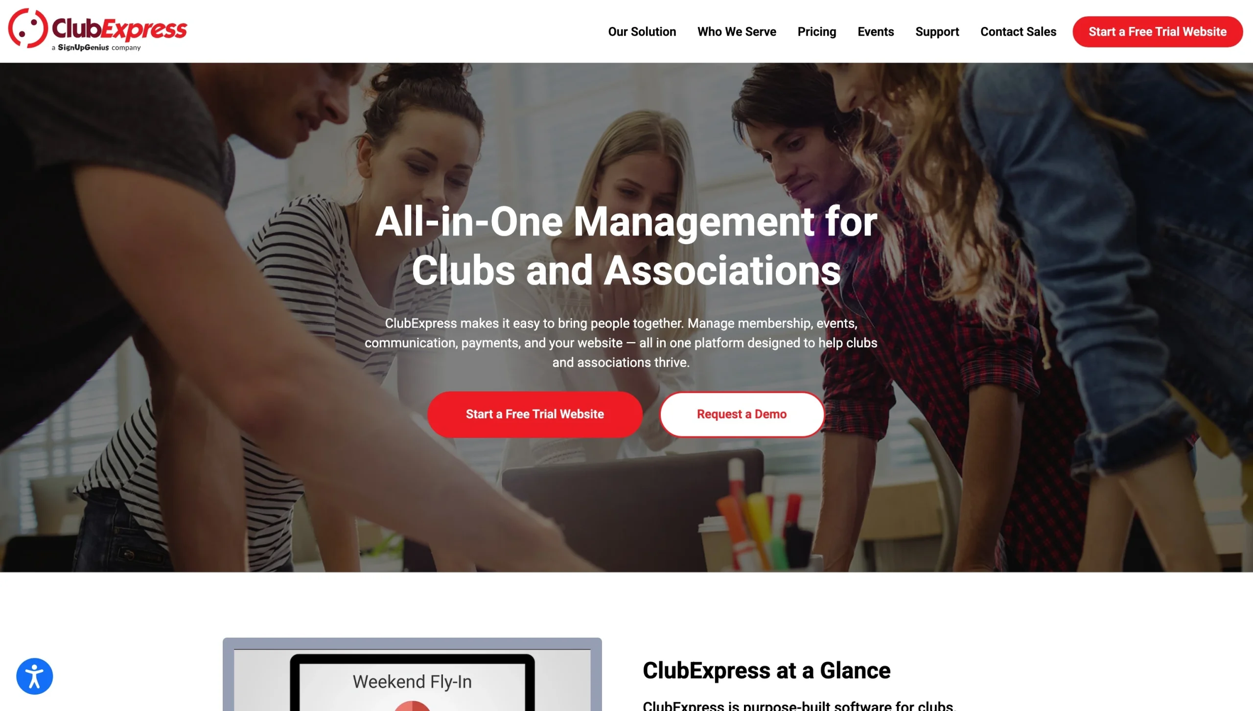 ClubExpress homepage promoting all-in-one management software for clubs and associations