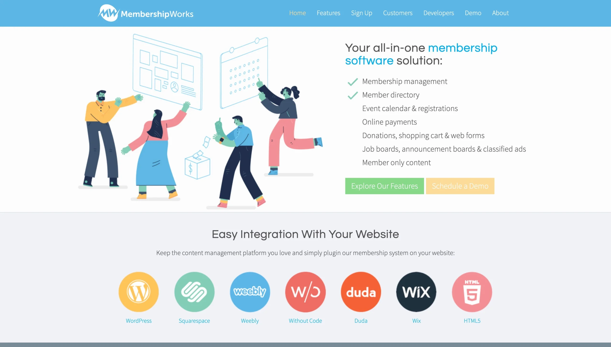 MembershipWorks homepage listing membership software features and website integration options