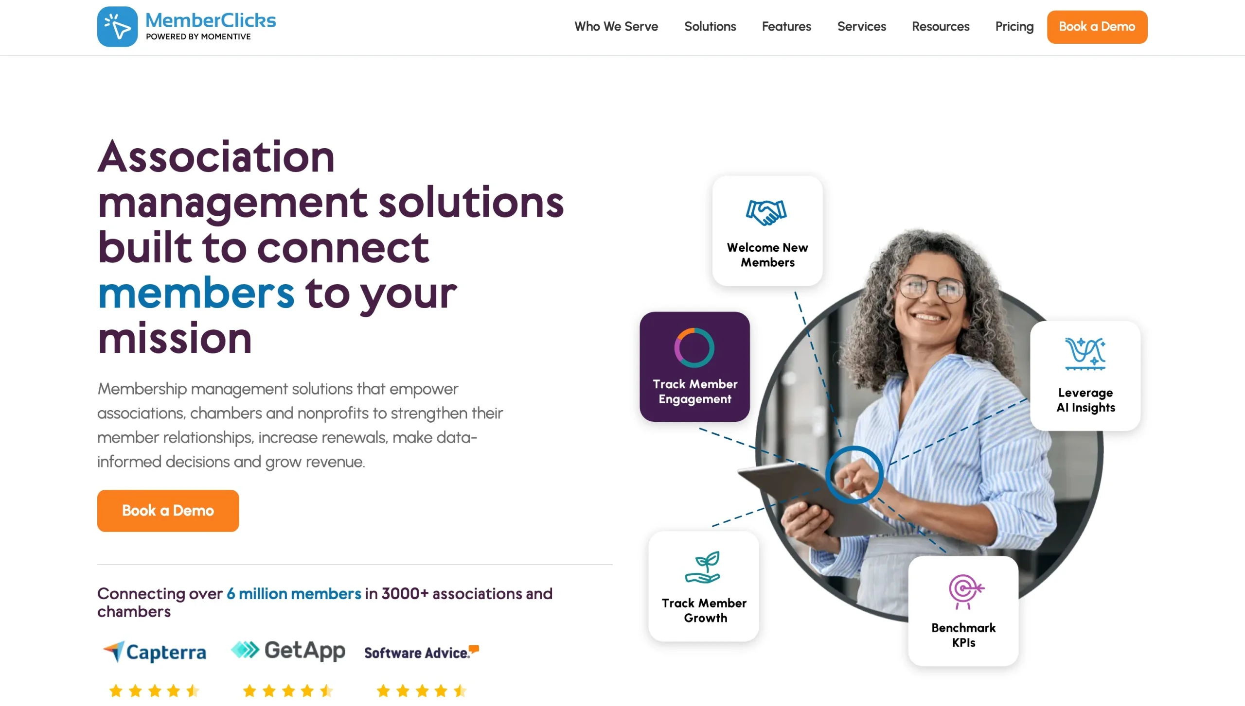MemberClicks homepage promoting association management tools with member engagement feature callouts