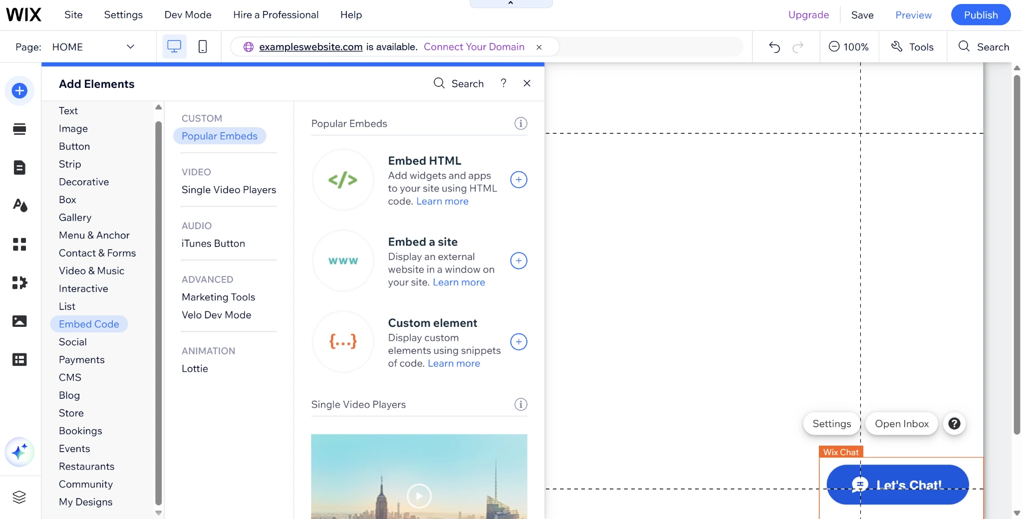 Screenshot of the Wix website editor with the "Add Elements" menu open to the "Embed Code" tab