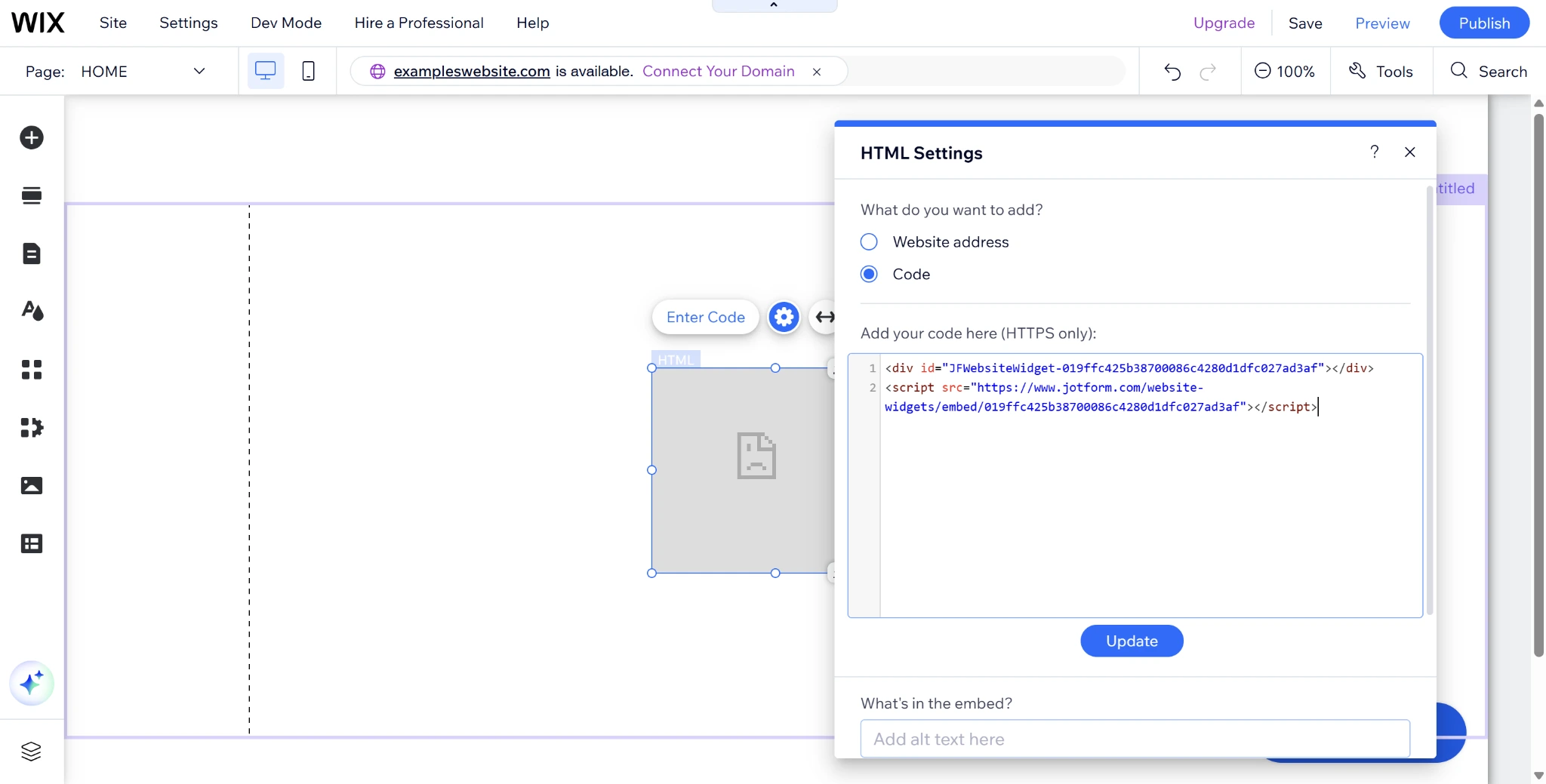 Screenshot of the Wix website builder with an embed HTML window open and filled with widget code