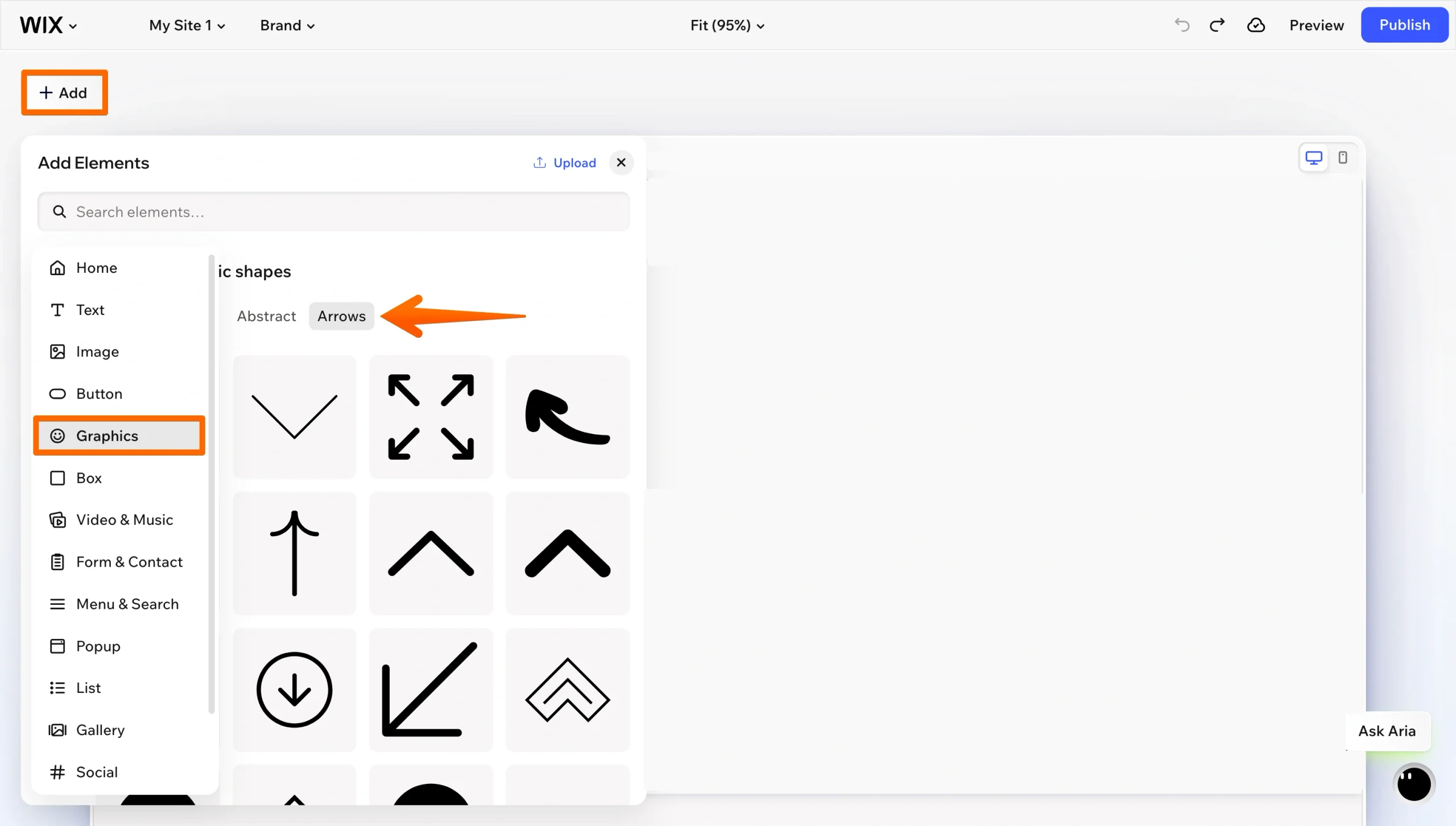 Wix Editor Add Elements panel showing arrow shapes available under Graphics