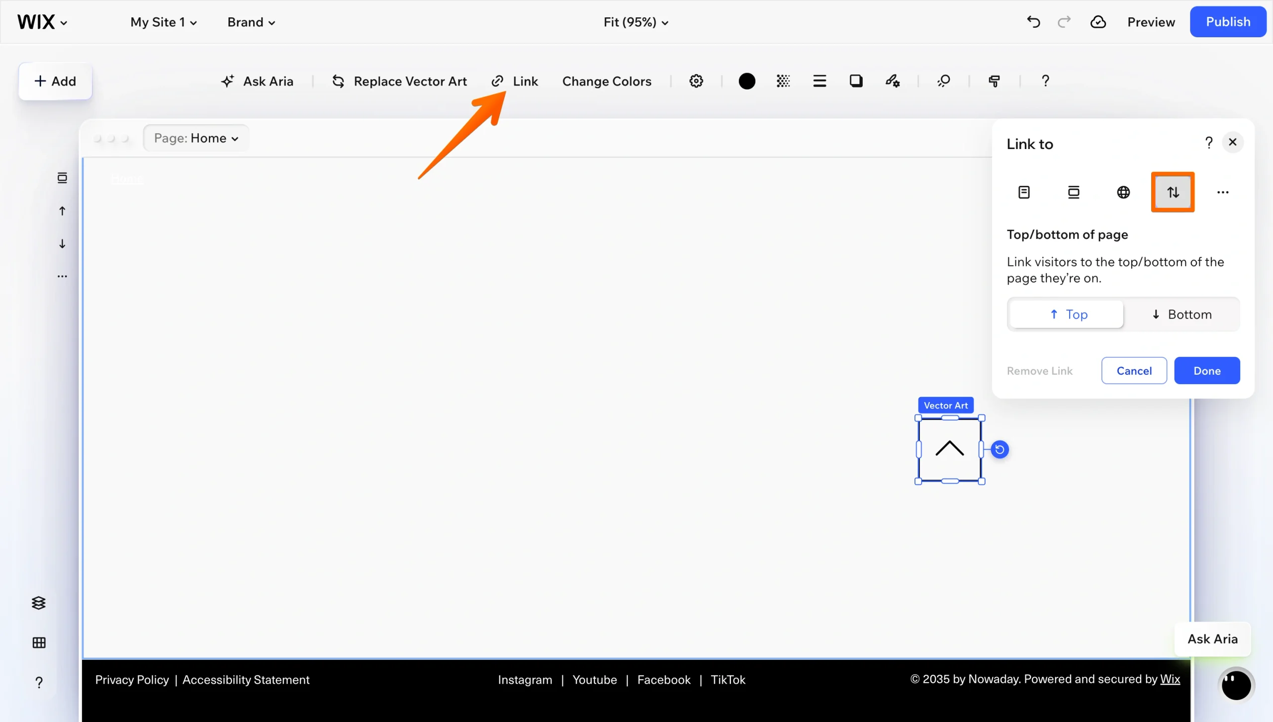 Wix Editor link settings panel for positioning a back-to-top button