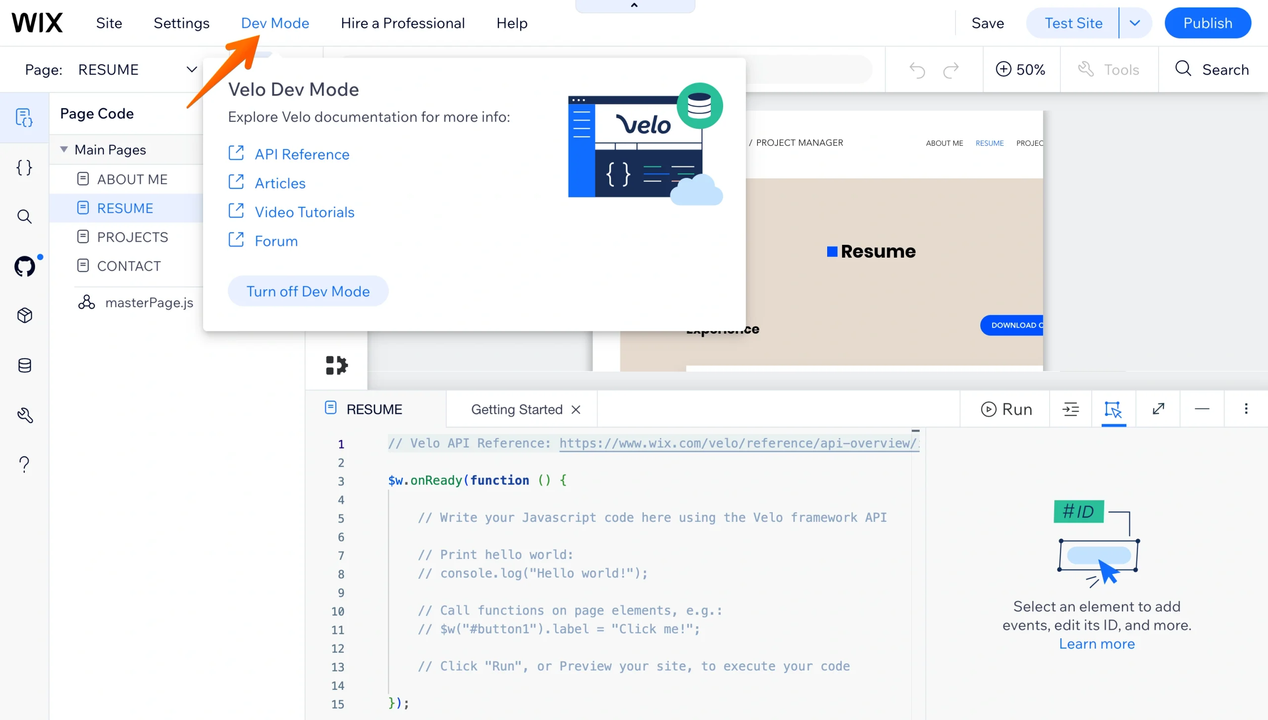 Wix Editor Dev Mode menu enabled for adding custom code to the site