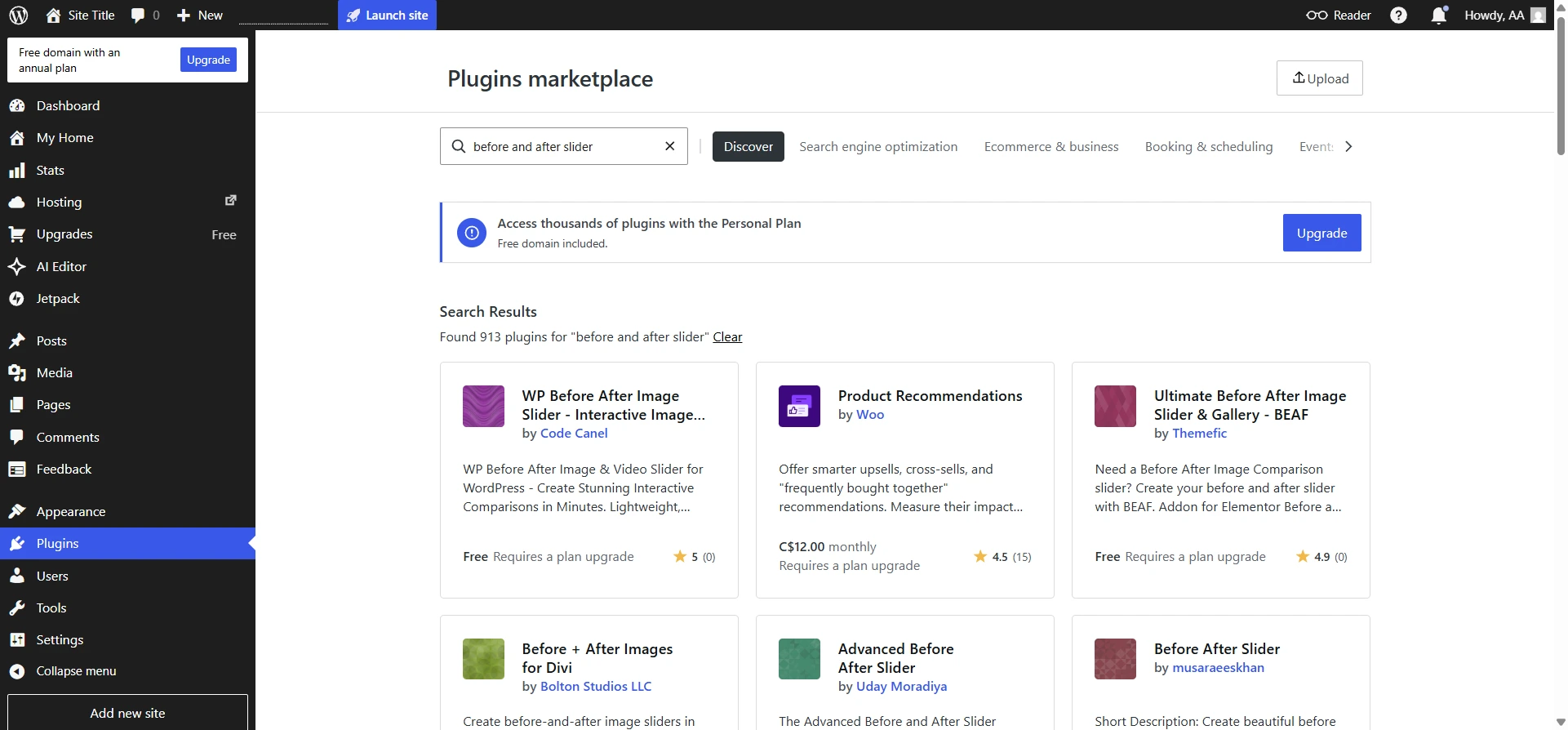 WordPress plugin search results for installing a before-and-after slider plugin