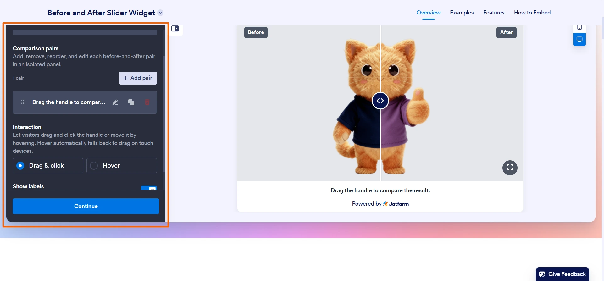 Jotform Before and After Slider widget builder for uploading image pairs