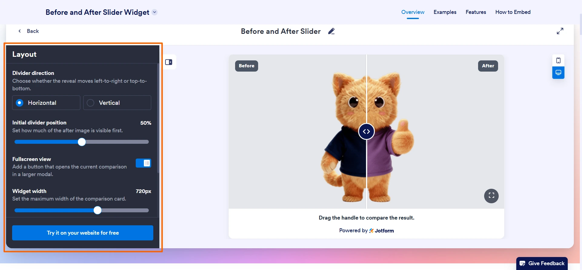 Jotform slider customization settings for adjusting appearance and interaction options