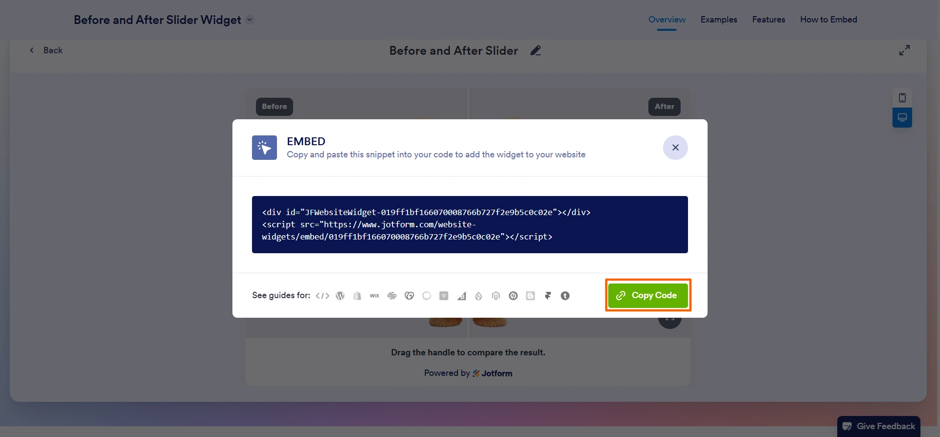 Jotform embed code window for copying the before-and-after slider code