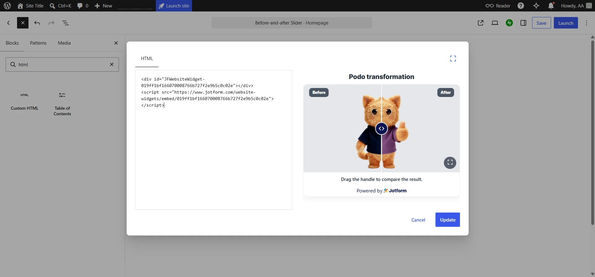 WordPress Custom HTML block containing the Jotform slider embed code