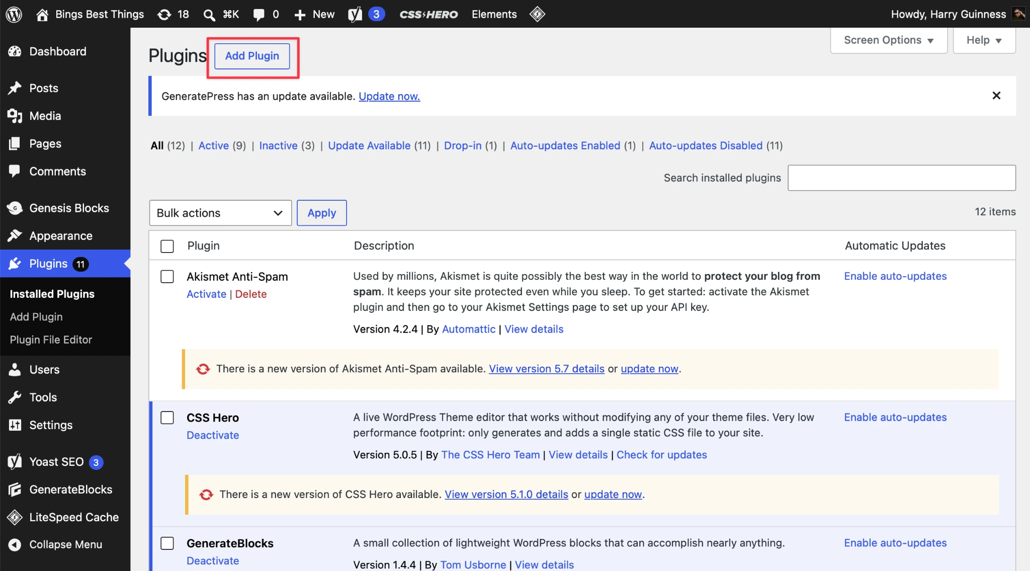 WordPress Plugins dashboard with the Add Plugin button highlighted